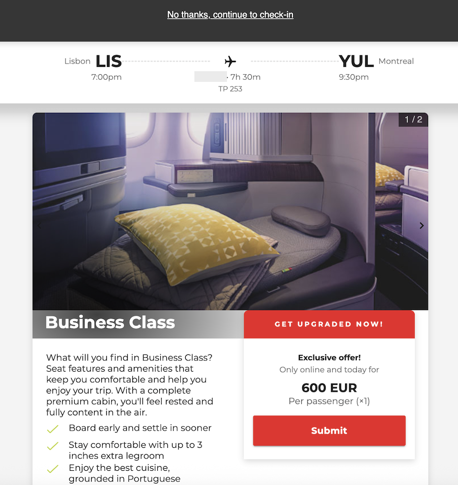 TAP Business Class Plusgrade upgrade offer during online check-in