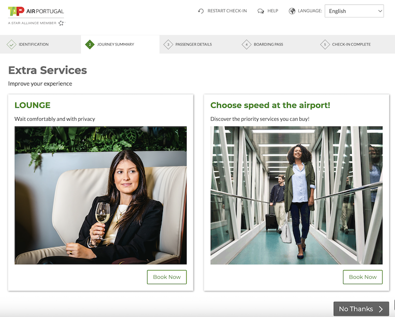 TAP website offering extra services like lounge access and priority during online check-in