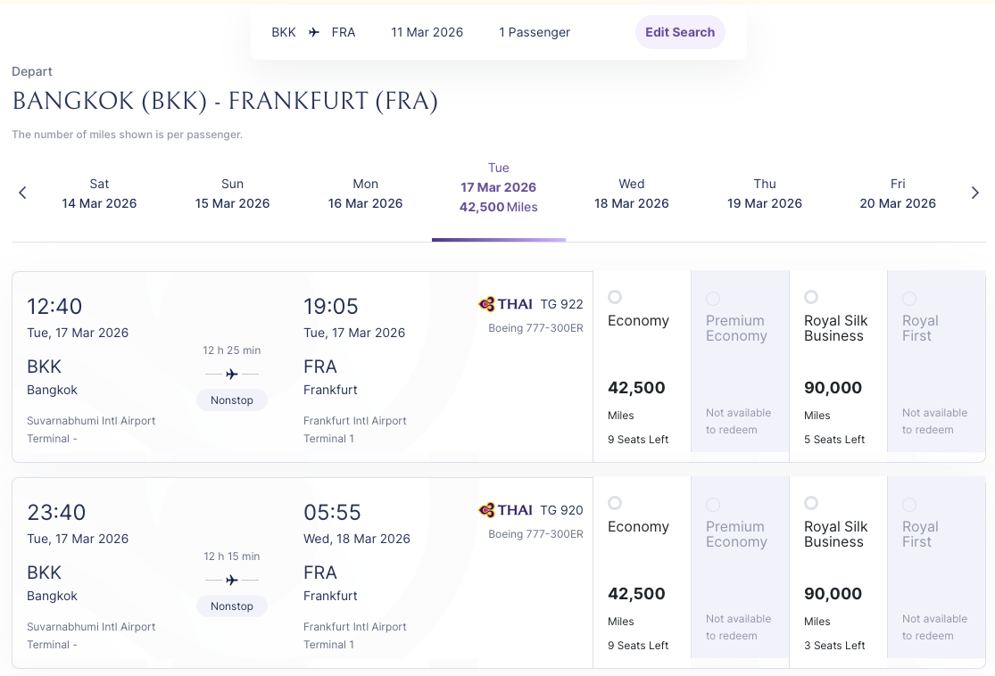 BKK-FRA award availability on the Thai Airways website