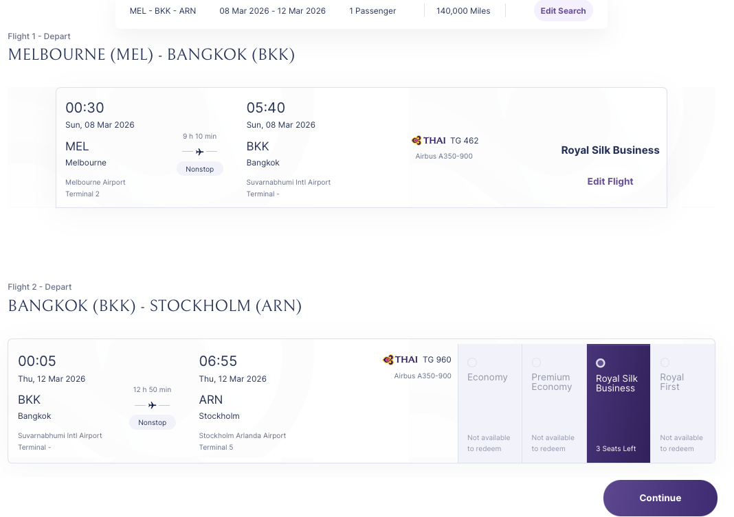 MEL-BKK-ARN award availability screenshot from the Thai Airways website