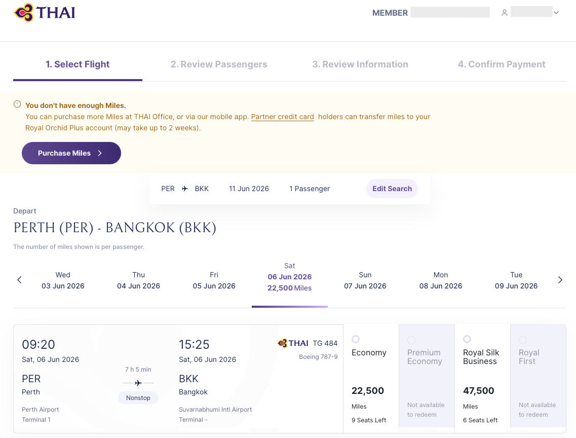 PER-BKK award availability on the Thai Airways website