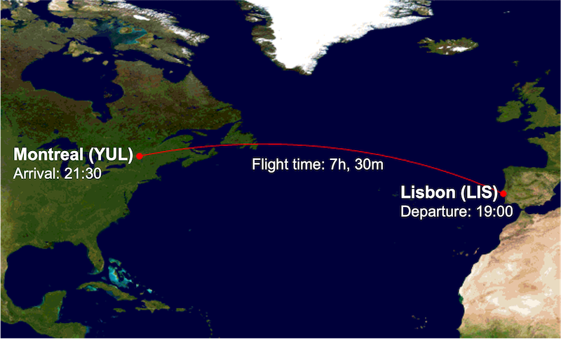 TP253 route map from Lisbon (LIS) to Montreal (YUL)