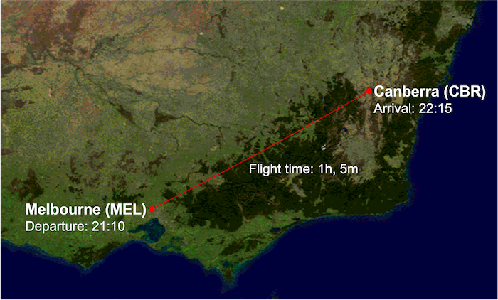 VA291 route map from Melbourne (MEL) to Canberra (CBR)