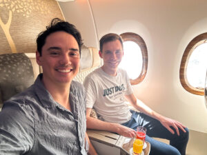 Wilson McTaggart and Matt Graham in Emirates Premium Economy
