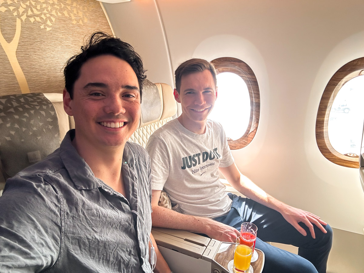 Wilson McTaggart and Matt Graham in Emirates Premium Economy