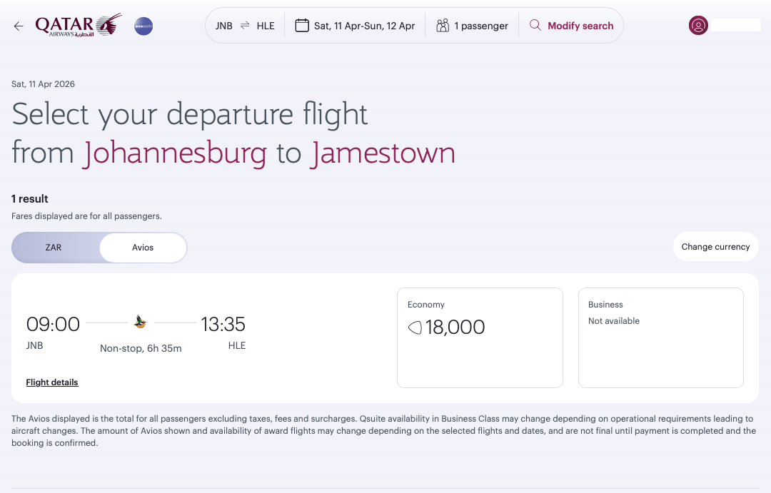 Qatar Airways website award booking from JNB to HLE