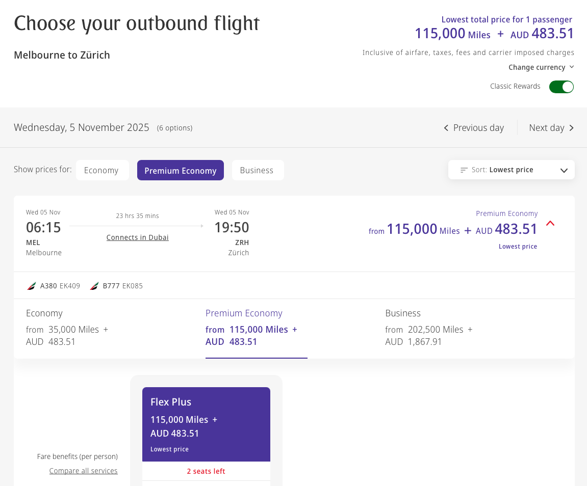 Emirates Premium Economy Classic reward from MEL to ZRH
