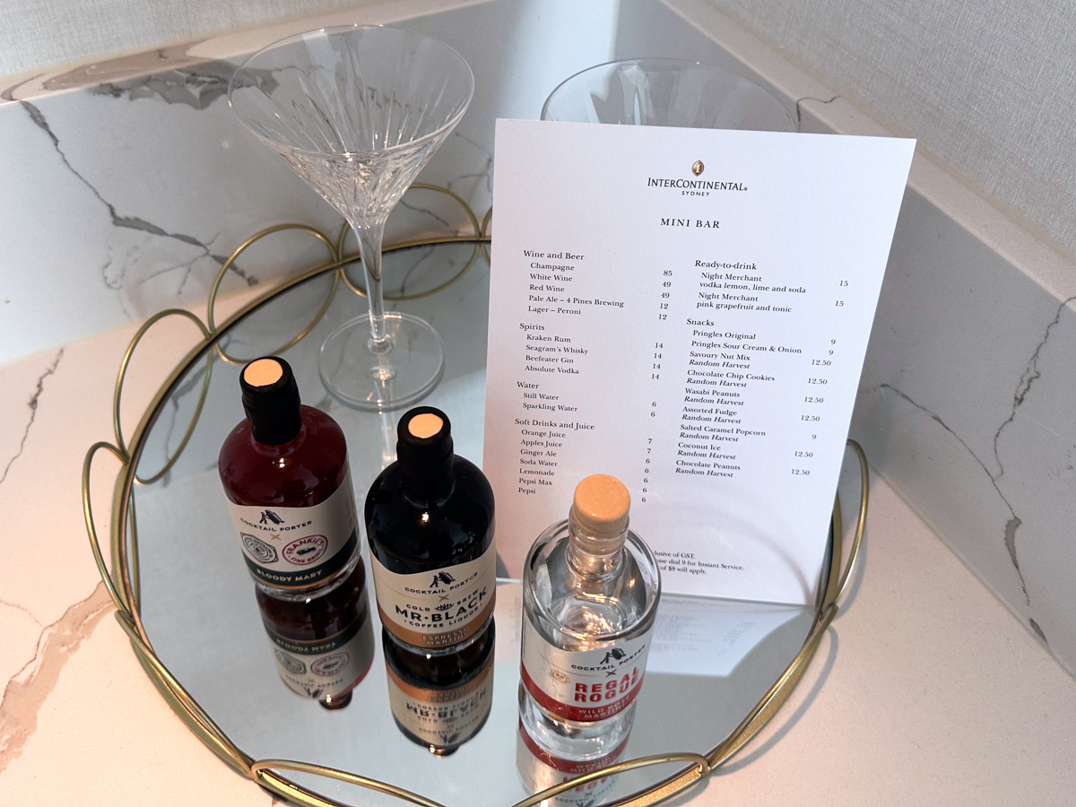 Cocktails in the suite minibar at InterContinental Sydney