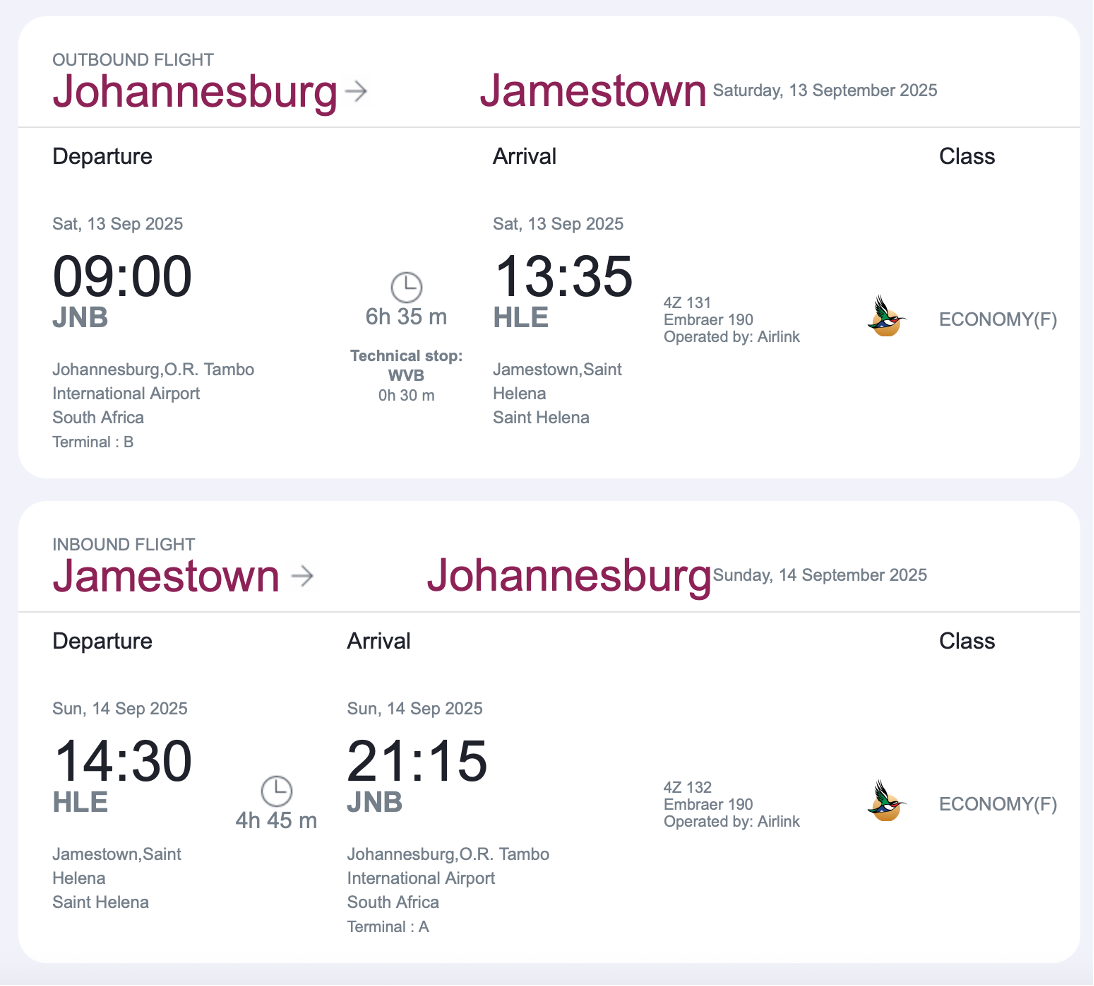 JNB-HLE itinerary