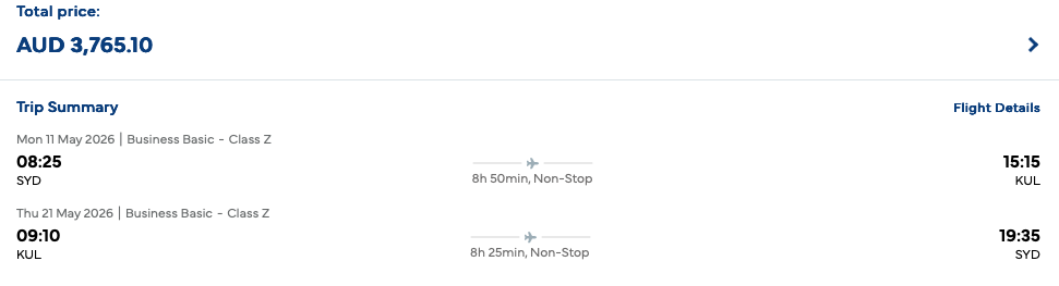 SYD-KUL business class fare quoted on the Malaysia Airlines website