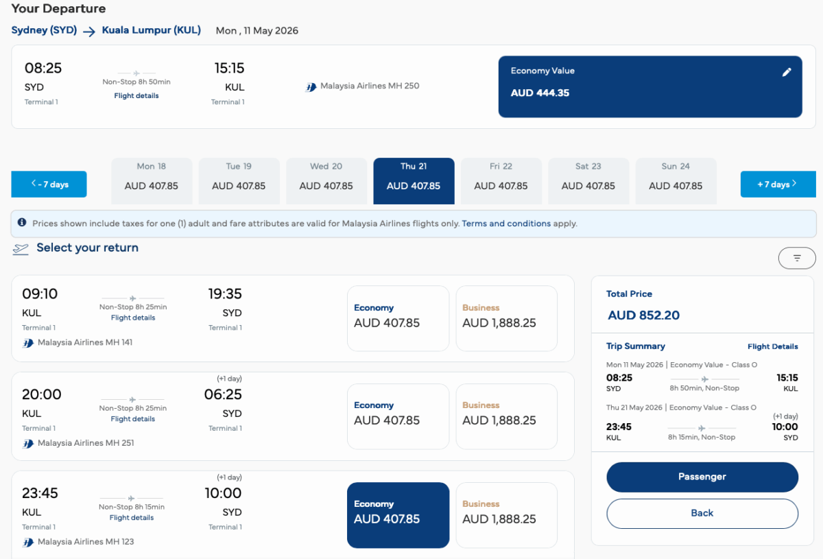 SYD-KUL Economy airfare search on the Malaysia Airlines website
