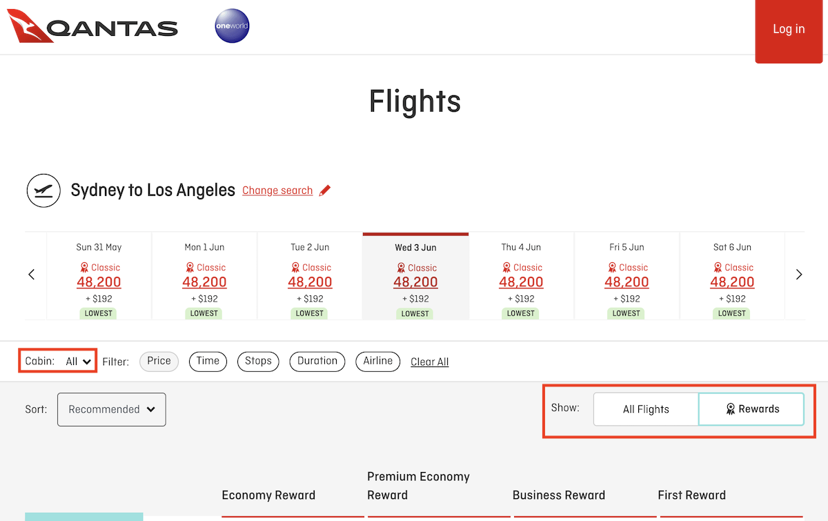 Qantas website reward filter displayed