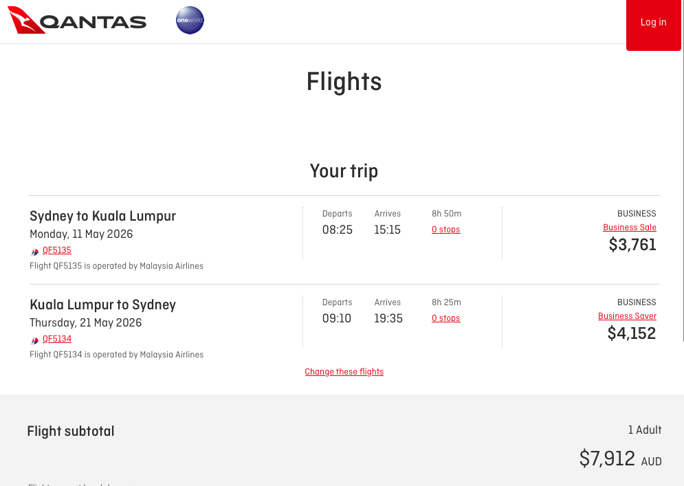 Qantas website showing MH Business fares from SYD to KUL