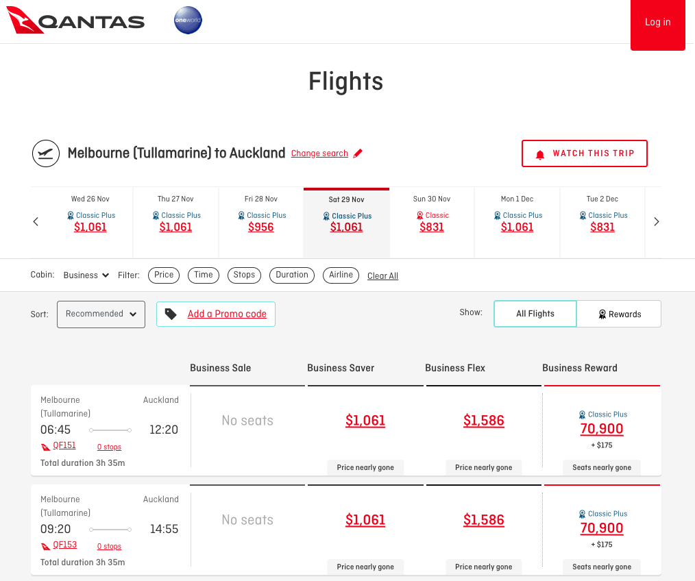 Qantas MEL-AKL reward seat pricing