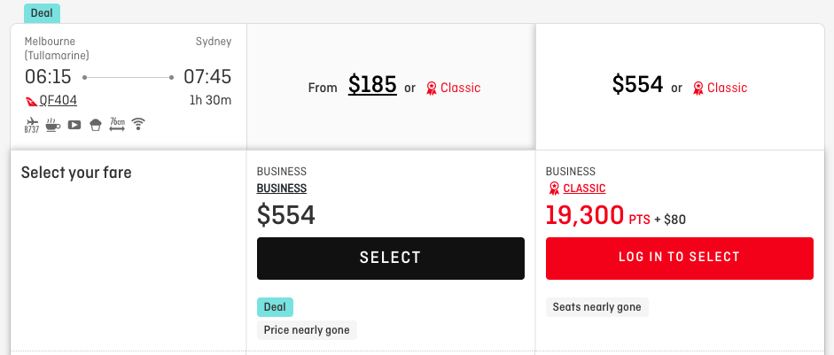 Qantas Business fare from Melbourne to Sydney