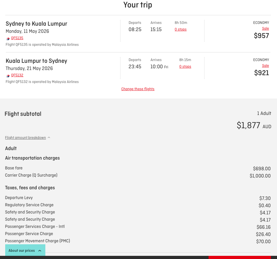 Qantas SYD-KUL fare quote