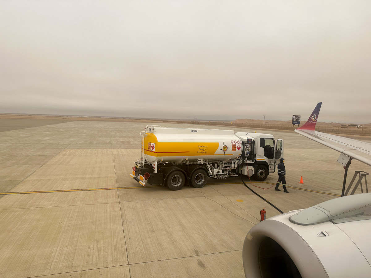 Airlink flight refuelling at Walvis Bay Airport (WVB) in Namibia