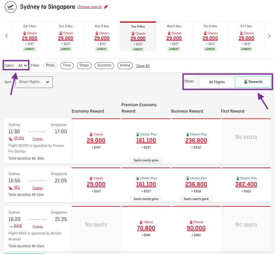 On the Qantas website, click the "Show Rewards" option to view only reward seats, across all cabin classes