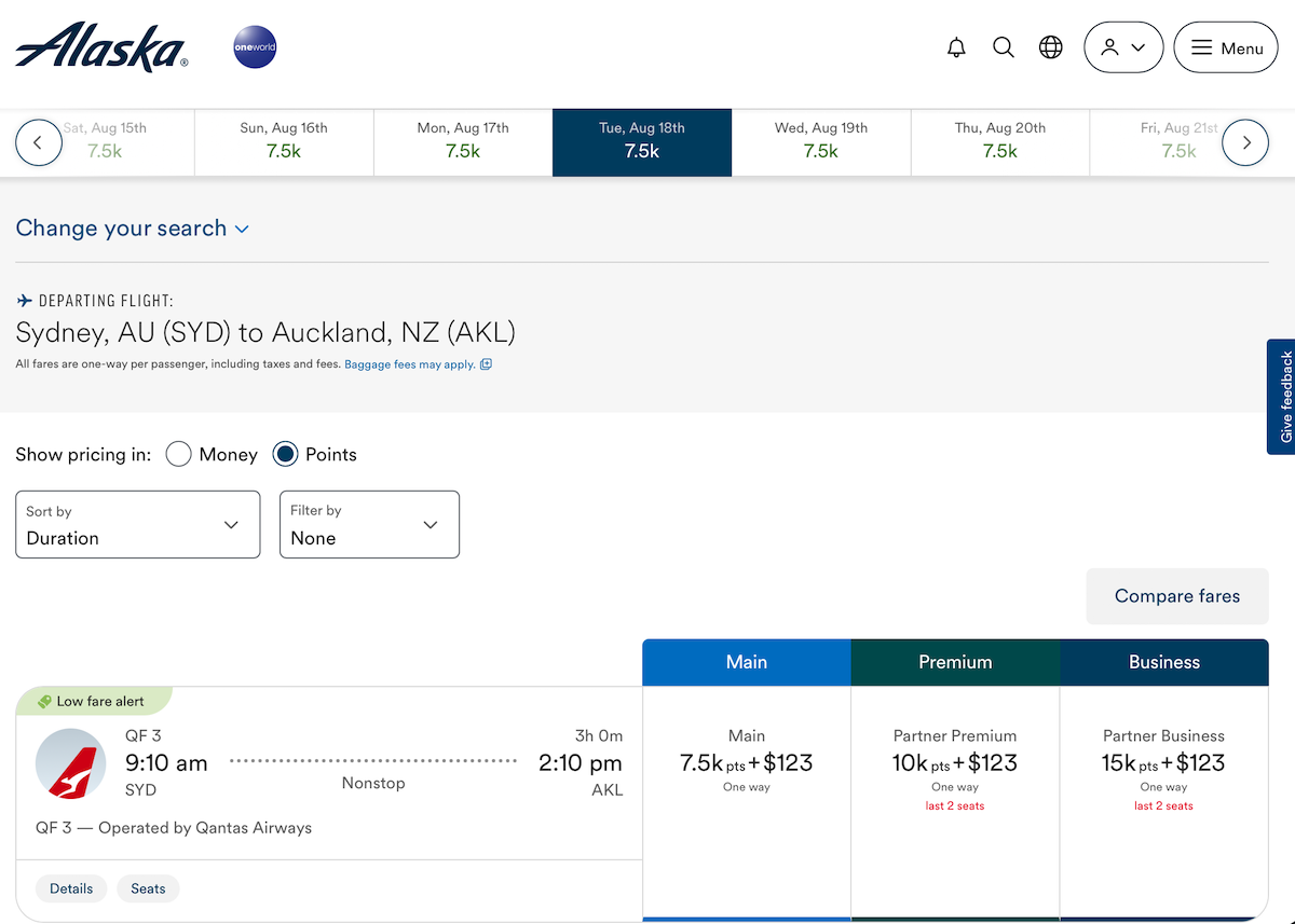 Alaska Airlines redemption booking SYD-AKL
