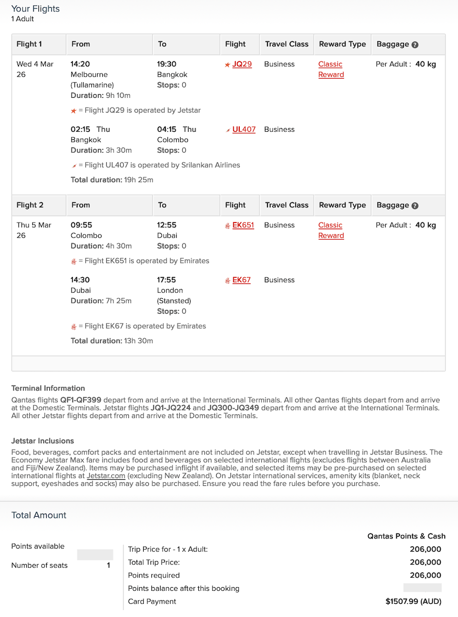 Qantas Classic Reward itinerary: BKK-MEL-CMB-DXB-STN