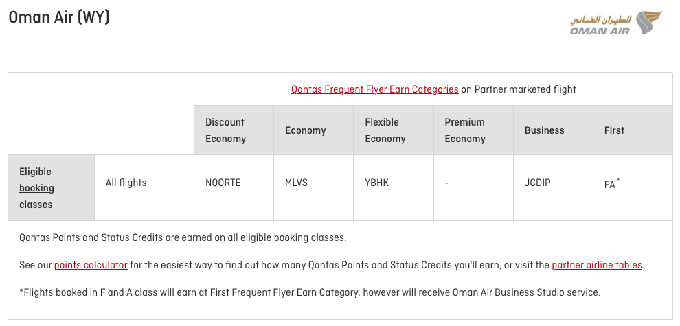 Table showing the Oman Air booking classes eligible to earn Qantas Points