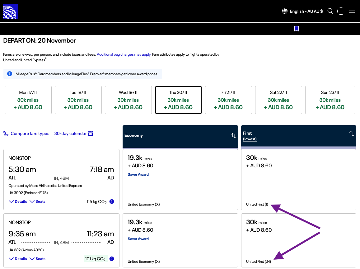 ATL-IAD award flight options on the United Airlines website