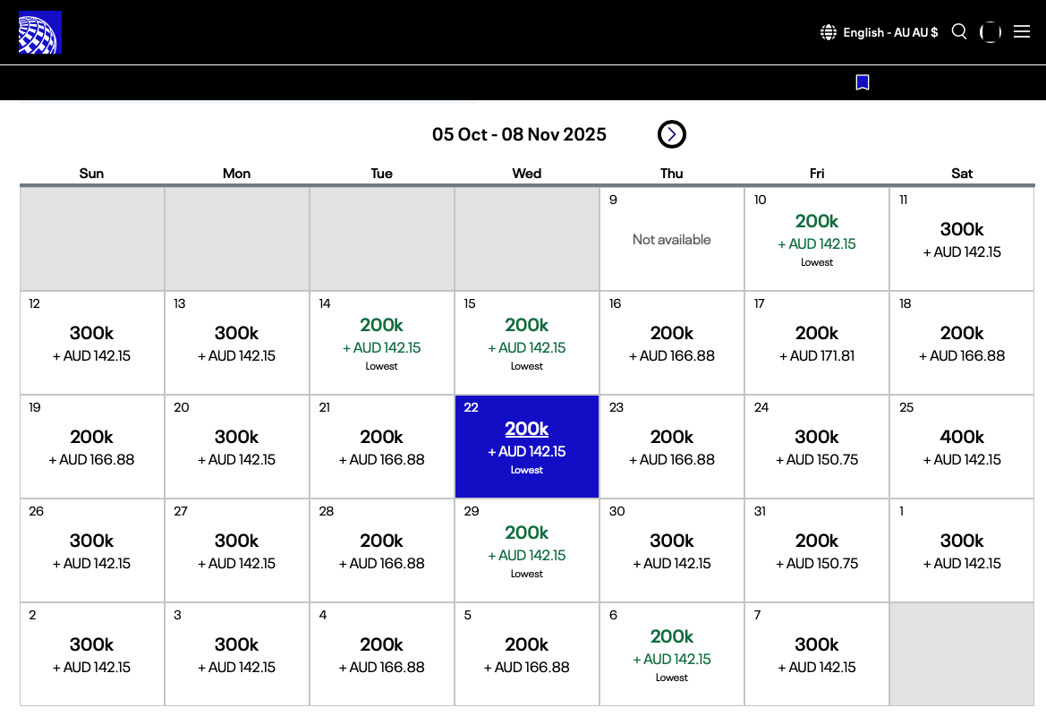 United website award availability calendar for the MEL-SFO route