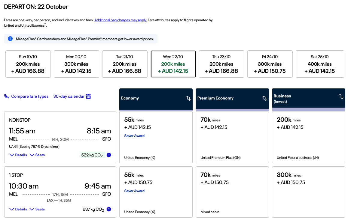 MEL-SFO award options on the United website