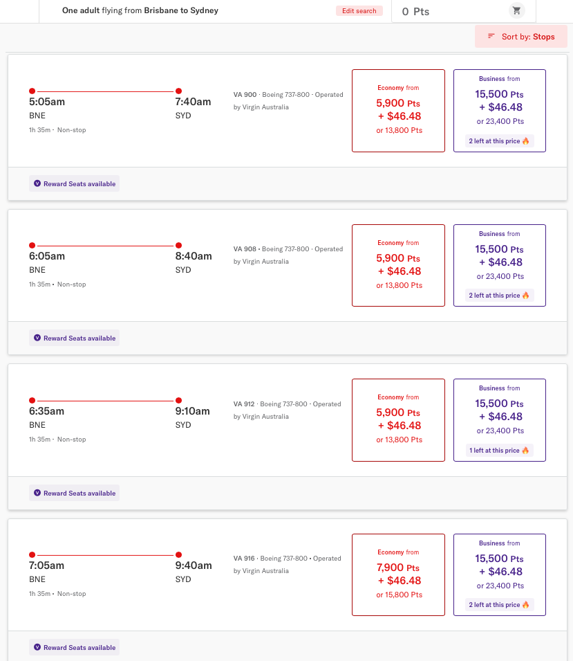 Virgin Australia website showing reward seats available from BNE to SYD