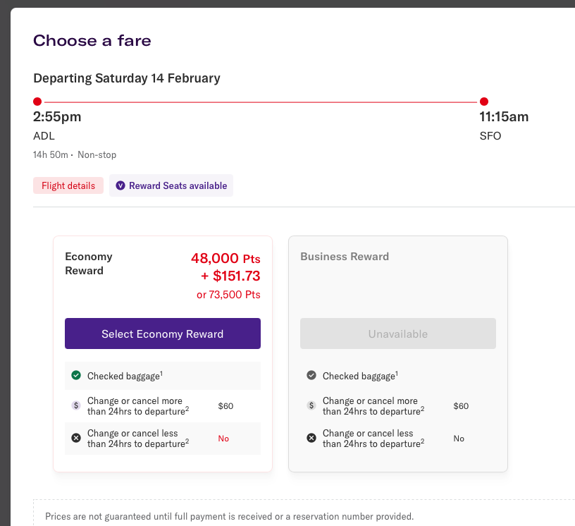 ADL-SFO reward availability on the Virgin Australia website