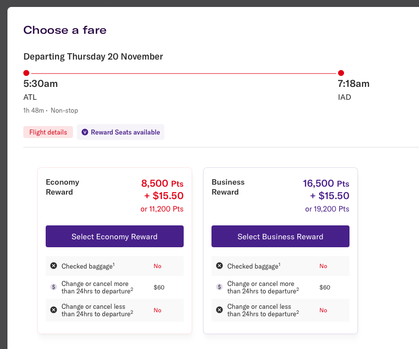 ATL-IAD award availability on the Virgin Australia website