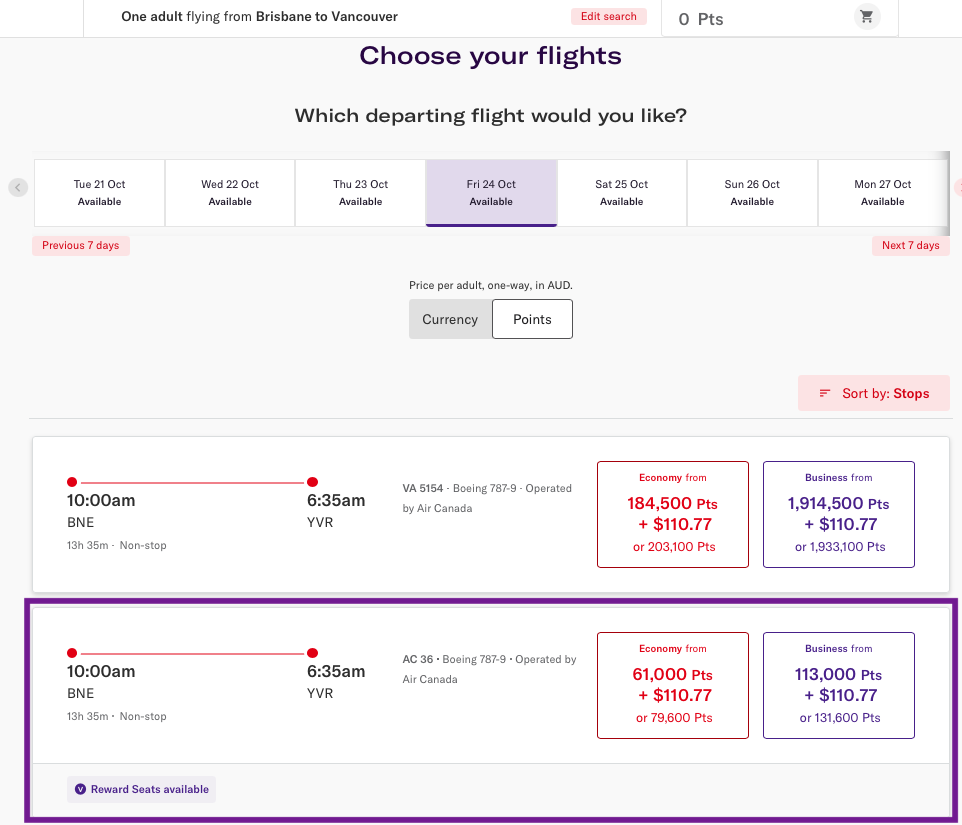 BNE-YVR reward seat on the Virgin Australia website