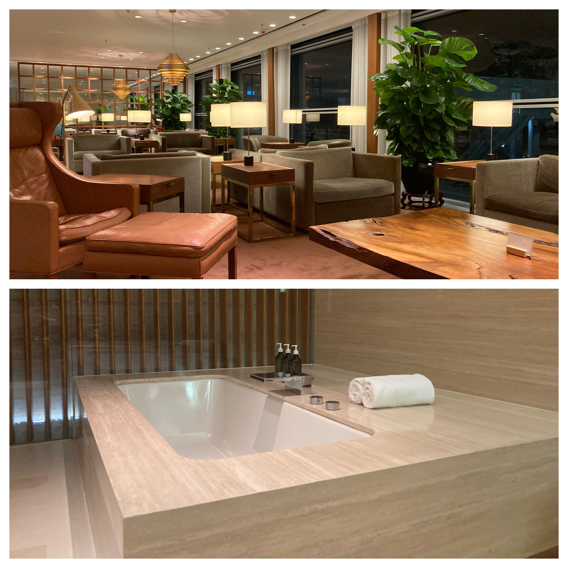 Collage of The Pier Lounge and a cabana in Cathay lounges at Hong Kong