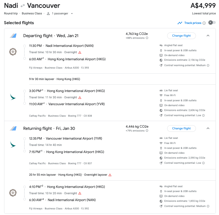 Google Flights showing a Fiji Airways/Cathay Pacific Business fare from NAN to YVR via HKG