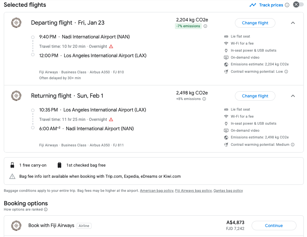 Google Flights showing a Fiji Airways Business fare from NAN to LAX