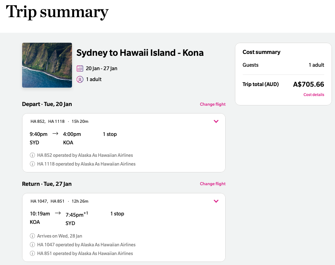 Hawaiian Airlines website screenshot showing an Economy airfare example from SYD to KOA via HNL