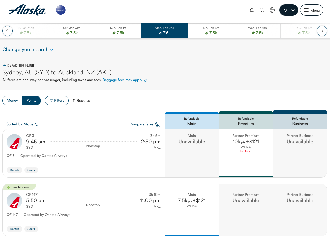 SYD-AKL award flights on the Alaska Airlines website