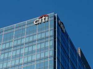 Hong Kong. China- 02.15.2025. The name sign on an office building of the American multinational investment bank Citigroup Inc.