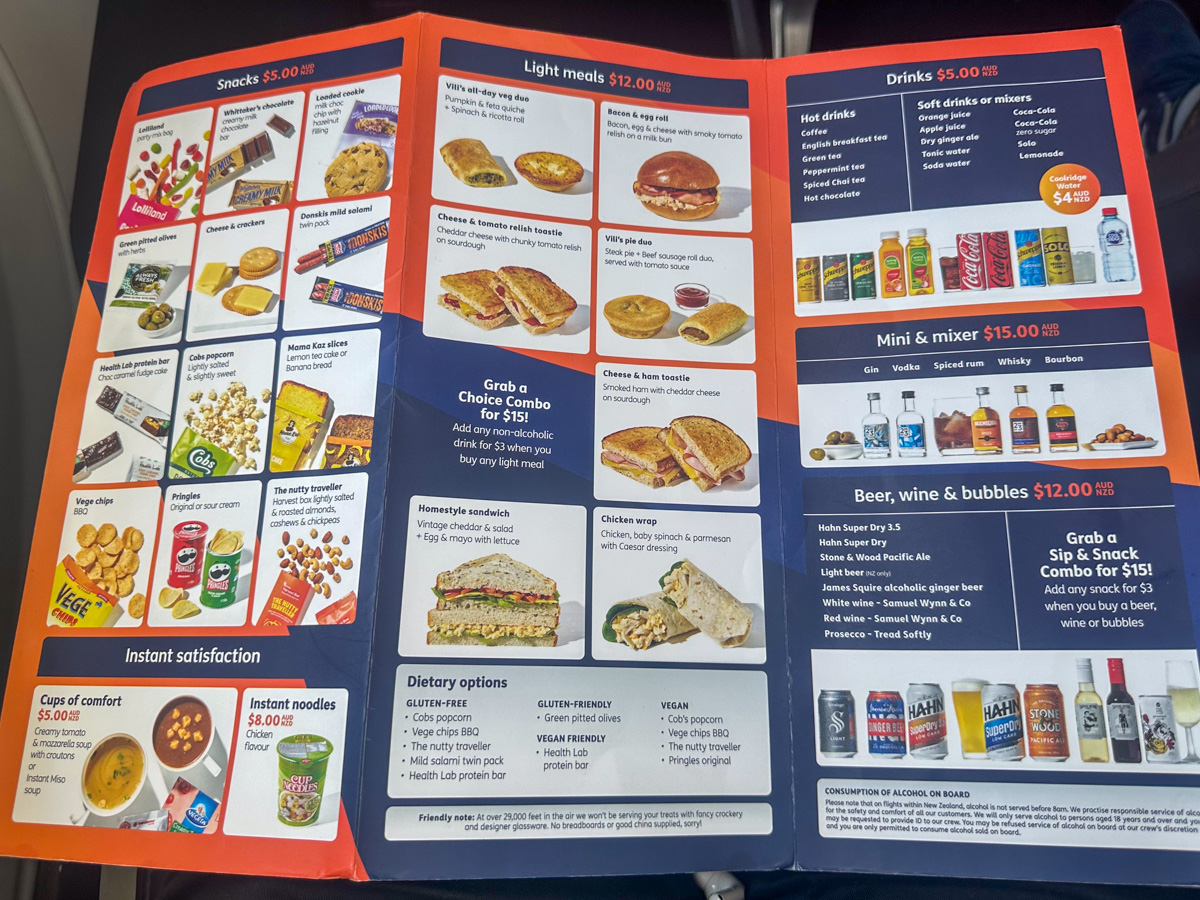 Jetstar snack and drink menu on a domestic Australian flight