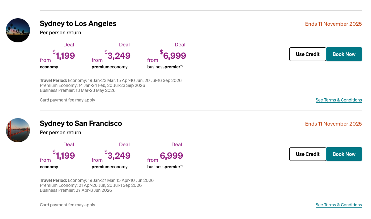 Air New Zealand sale airfare prices to Los Angeles and San Francisco in November 2025.