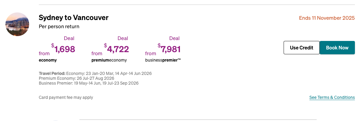 Air New Zealand sale prices to from Sydney to Vancouver in November 2025