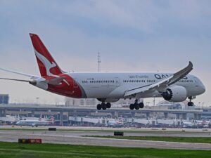 DFW International Airport 4-20-2025 Grapevine TX USA Qantas Airlines Boeing 787-9 VH-ZNN arrival into DFW Intl Airport on Easter Morning