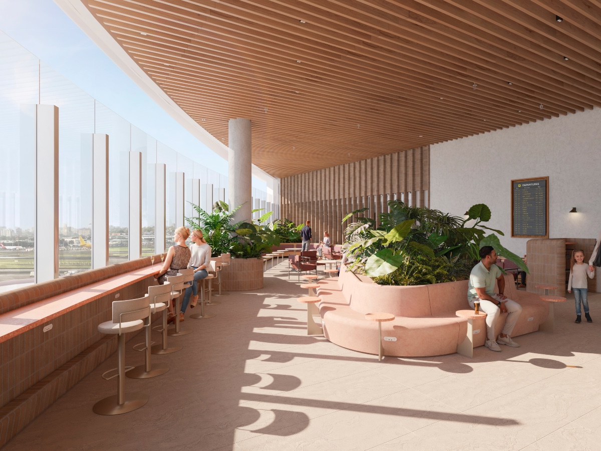 The Qantas international Business Lounge in Sydney with new outdoor terrace - rendering