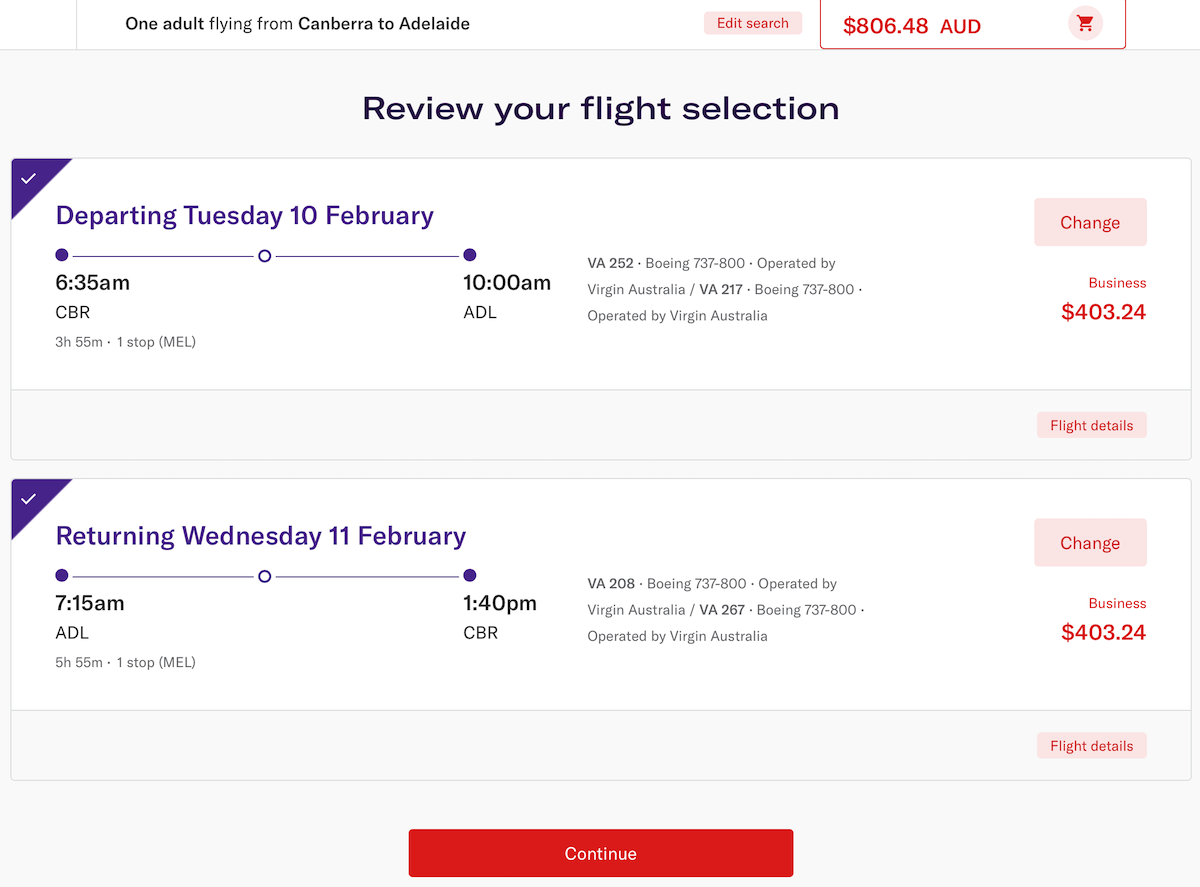 Virgin Australia CBR-MEL-ADL Business airfare