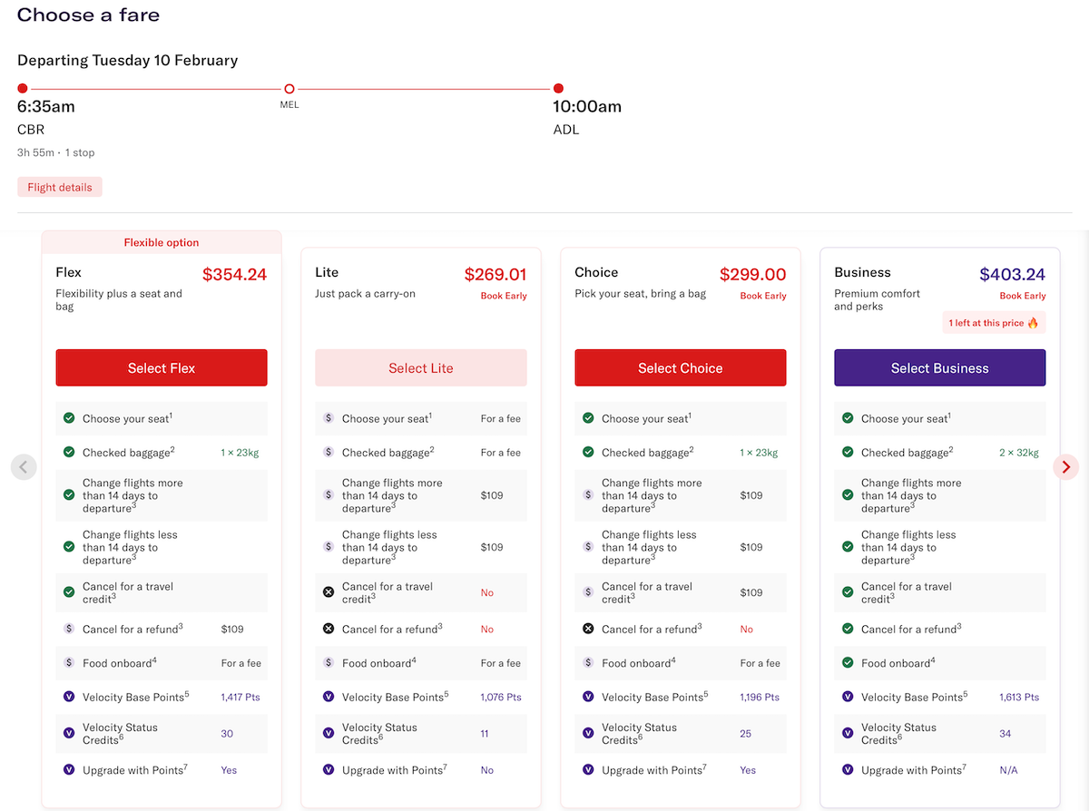 Virgin Australia website screenshot showing the earn rates on a regular CBR-MEL-ADL flight booking