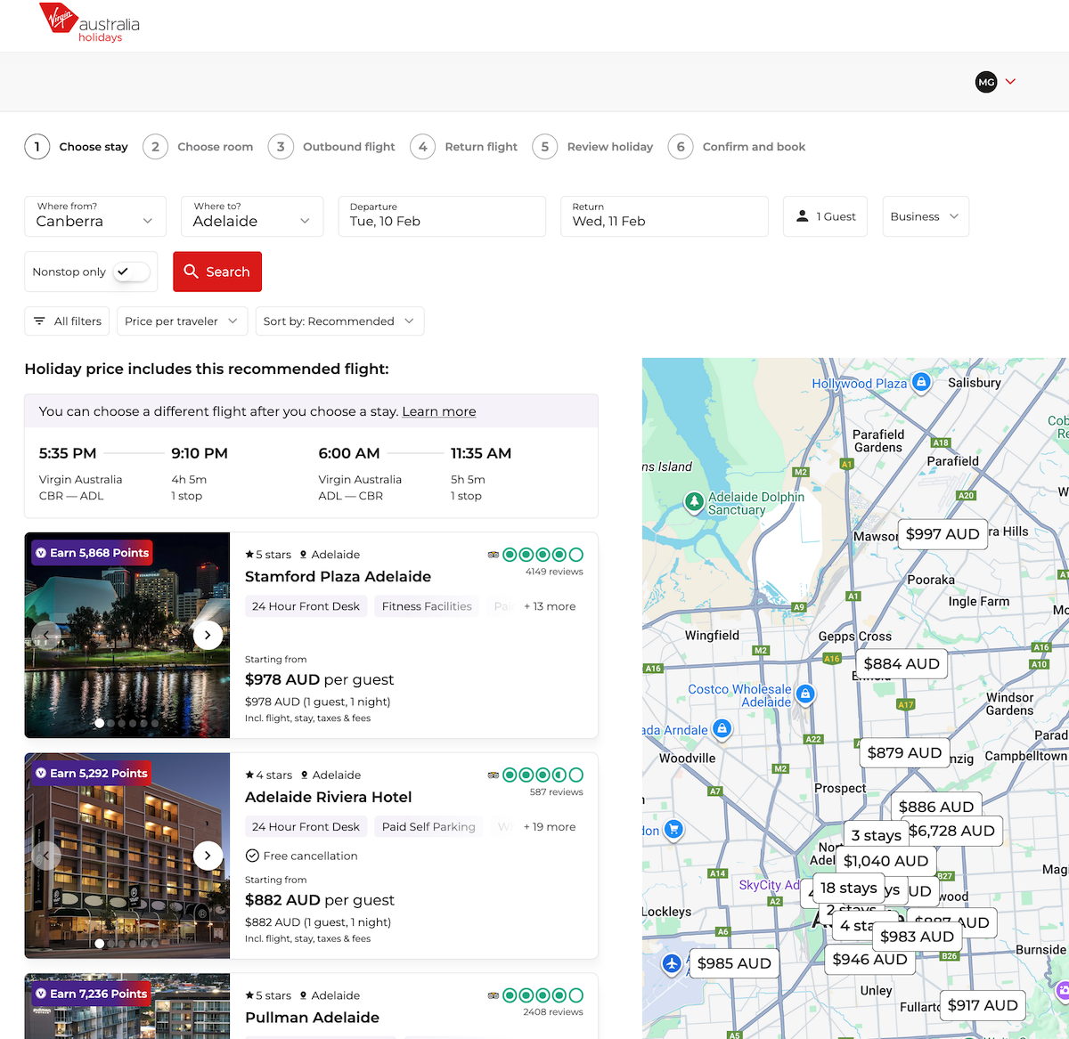 Virgin Australia Holidays booking website - choosing a hotel