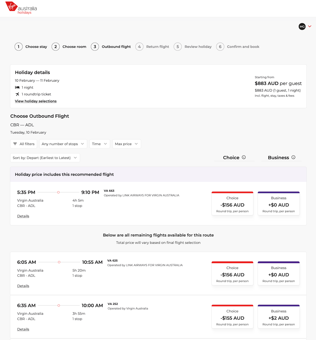 Virgin Australia Holidays booking website - choosing a flight