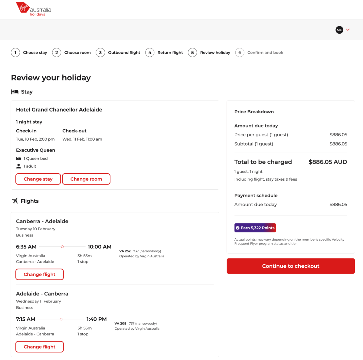 Virgin Australia Holidays booking website - overview of CBR-ADL trip