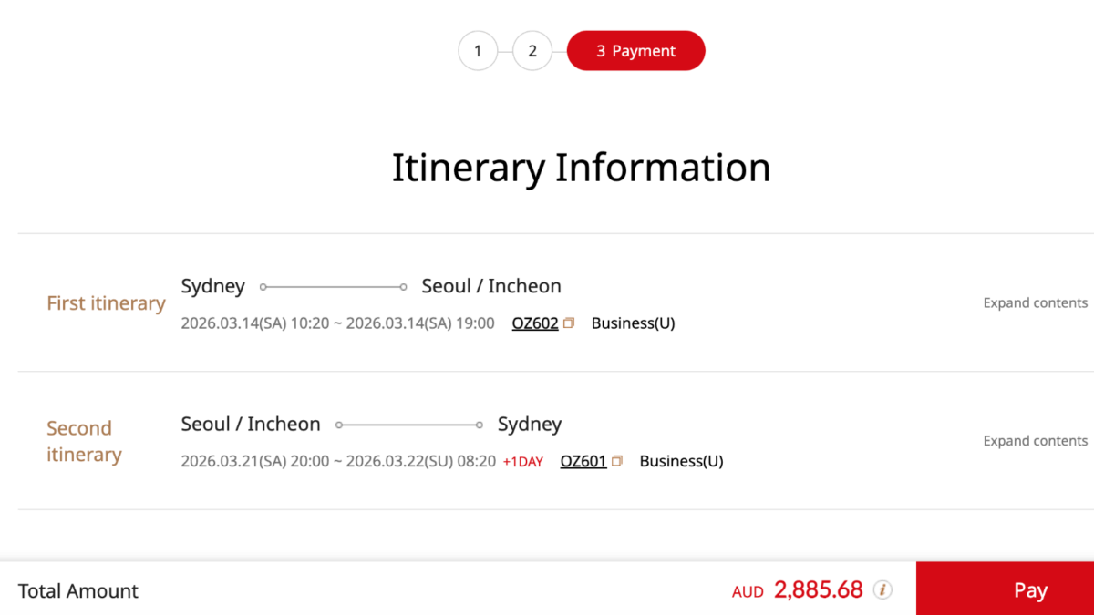 Screenshot showing pricing of SYD-ICN on Asiana website