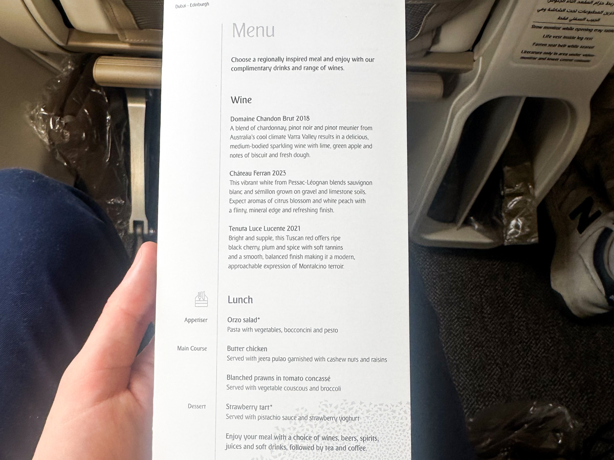 Emirates EK23 lunch menu in Premium Economy